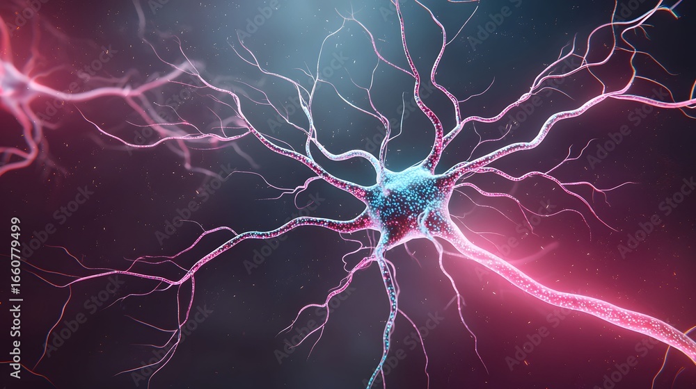 Poster the image shows a detailed, abstract rendering of a neuron cell, vividly lit with pink and blue hues