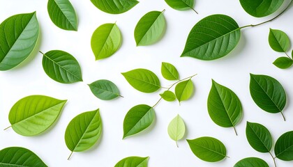 Fototapeta premium Green leaves flatlay white background.