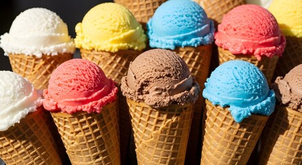 Colorful ice cream scoops in waffle cones closeup