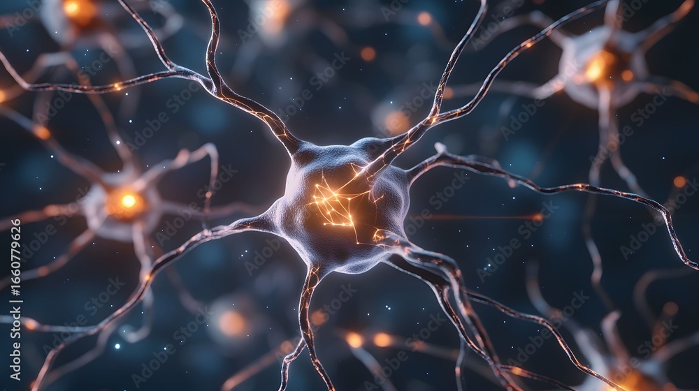 Poster the image shows a stylized 3d rendering of neurons, with a central neuron in focus exhibiting bright