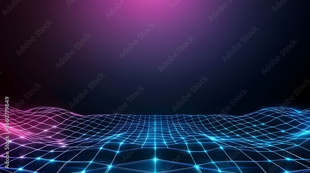 Poster the image showcases a vibrant neon grid, transitioning from pink to blue under a dark backdrop, crea