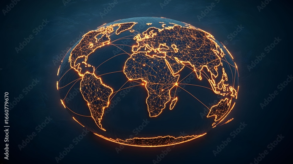 Aufkleber a globe illuminates with golden lines showing continents and connection pathways over a dark blue ba
