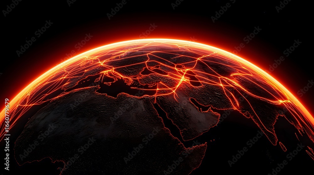 Poster the image depicts a globe-like sphere with glowing orange lines tracing continents, set against a da