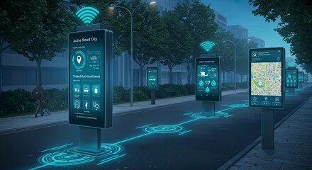 Futuristic Cityscape: Interactive Digital Displays Along Urban Street with Pedestrian