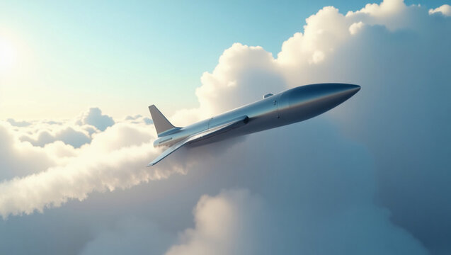 A sleek silver and futuristic misil hypersonico soars