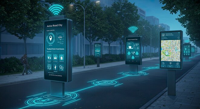 Futuristic Cityscape: Interactive Digital Displays Along Urban Street with Pedestrian