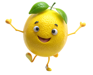 a cheerful lemon leaps with joy its cute face isolated on white background, png, ai generated.
