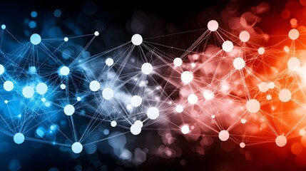 The image features a network of interconnected dots and lines against a bokeh background, transitioning from blue to red, suggesting connectivity or a complex system.