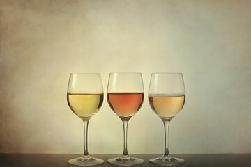 Fototapeta premium Three glasses of wine in different shades-Three elegant wine glasses filled with different shades of wine — white, rosé, and blush — are placed side by side against a softly textured background. The m