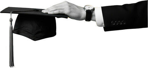 Man's hand with graduation cap and wristwatch Black suit sleeve detail isolate collage art academic education