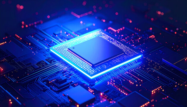 Cybercore Circuit: Experience the intricate beauty of technology with a neon-blue illuminated CPU core. Digital circuit board with a glowing circuit board showcasing the innovation.