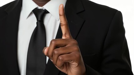 A businessman in a black suit and tie pointing his index finger up - Powered by Adobe