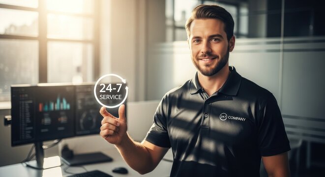 Smiling man presents a 24-7 service icon in a bright modern office setting