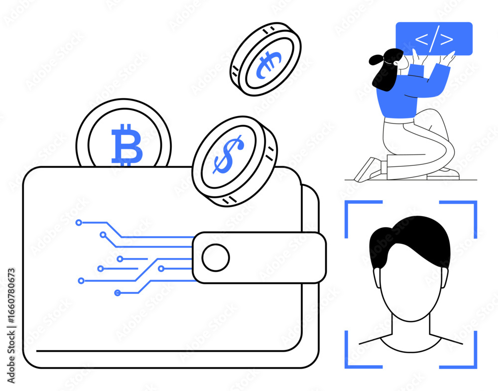 Poster digital wallet with cryptocurrency coins, coding woman interacting with code editor, face recognitio