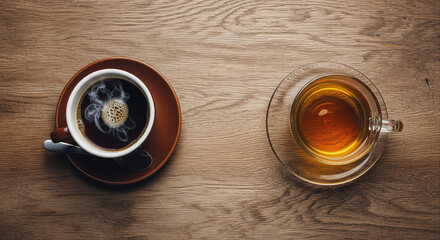 Steaming coffee and warm tea side-by-side on a natural wooden table, captured from above, highlighting a timeless beverage choice for comfort and relaxation.