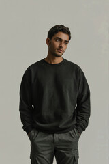 Obraz premium A professional studio portrait against a plain light gray background. The subject is wearing a black crew neck sweatshirt and dark gray cargo pants.
