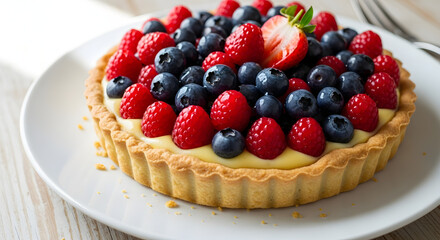 Artisan fruit tart featuring a buttery crust filled with creamy custard and topped with a vibrant medley of fresh raspberries, blueberries, and a sliced strawberry creating an appealing visual