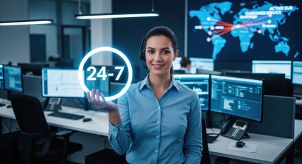Smiling woman with headset in modern office with digital 24/7 graphic