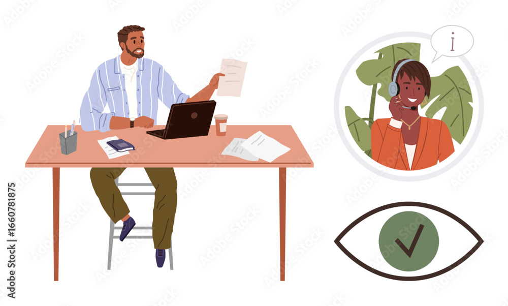 Aufkleber man working at desk with laptop and documents, interacting with headset agent via video call. eye an