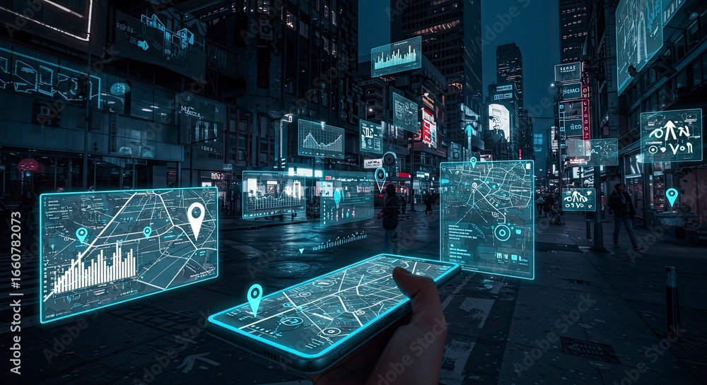 Poster futuristic cityscape with holographic navigation and data displays