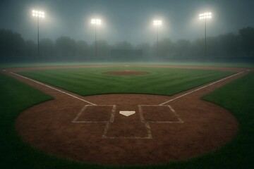 An atmospheric baseball field glows beneath stadium lights through a veil of thick fog blanketing.