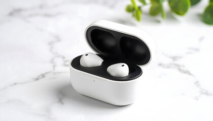 Wireless Earbuds in White Charging Case on Marble Surface with Green Plant Background
