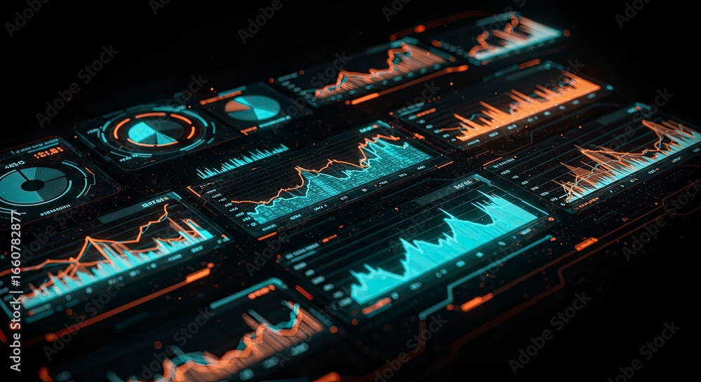 Poster futuristic data visualization: glowing charts and graphs on dark background