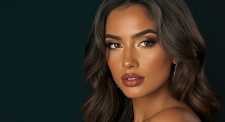 Naklejka premium Beautiful Woman with Wavy Hair Wearing Makeup and Gold Earrings in Dark Studio Setting