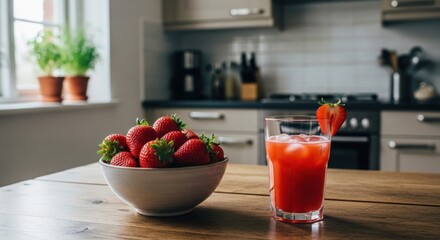 Strawberries and pink drink on kitchen counter, natural lighting