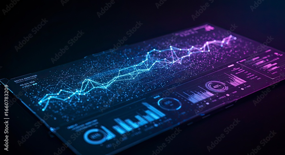 Poster futuristic data visualization: glowing network graph on digital tablet.