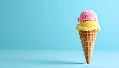 Colorful Ice Cream Cone with Pink and Yellow Scoops on Bright Blue Background