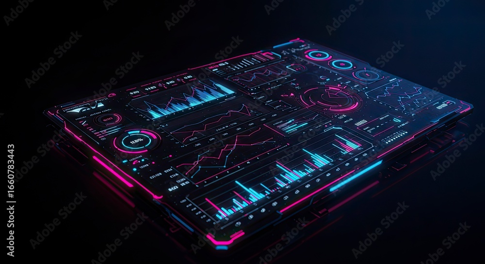 Poster futuristic data visualization interface with neon glow and detailed charts