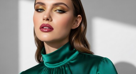 Woman wearing emerald green silk dress metallic eyeshadow and berry lipstick