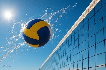 A vibrant volleyball soars through the air, water splashing, next to a net on a bright day.