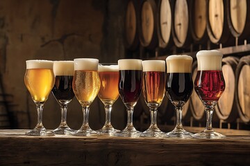 Variety of craft beers in glasses with barrels in background-A lineup of nine beer glasses filled with different styles of craft beer, ranging from pale golden to dark brown, each with a foamy head, p