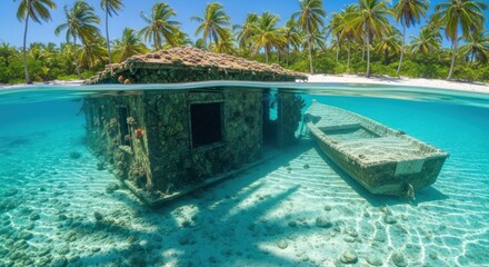 Obraz premium Sunken building in turquoise water by sandy tropical beach with palm trees