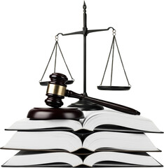 Scales of justice gavel and open law books stacked representing legal concepts and litigation isolate
