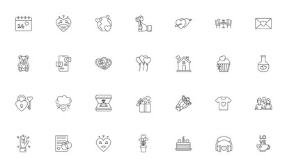 Love and Romance icon set. Vector illustration. Includes symbols for Valentine's Day, broken heart, romantic dinner, engagement ring, love letter, dating app, chocolate box and more.