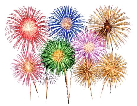 Dynamic Fireworks Display in Multicolor Streaks, isolated on transparent background PNG