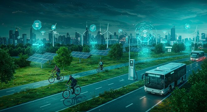Futuristic Eco-City: Sustainable Transport and Smart Technology Integration.