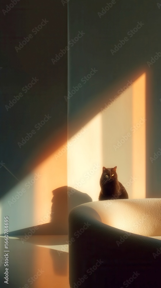Poster abstract geometric shapes, soft natural light filtering through, minimalistic design enhances a sere