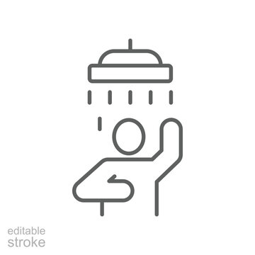 Shower icon. Simple outline style. Man taking shower, take a bath, man, room, person, douche, bathroom, water, routine, tub, restroom concept. Thin line symbol. Vector isolated design editable stroke