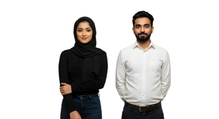 Young smiling Indian couple in formal wear for photo.