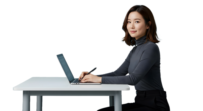 A young asian woman sitting at a desk and working on a laptop, isolated on white background