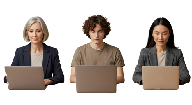 Three diverse people, an older woman, a young man, and an asian woman, working on laptops isolated on white background