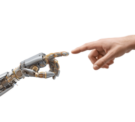 A human hand reaching out to touch a robotic hand, symbolizing connection between humans and technology