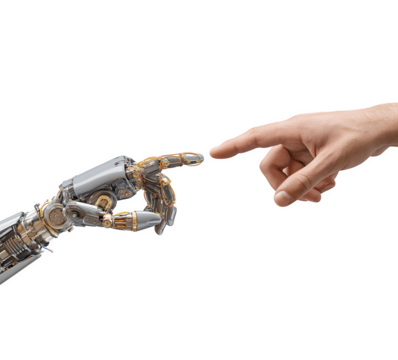A human hand reaching out to touch a robotic hand, symbolizing connection between humans and technology - Powered by Adobe