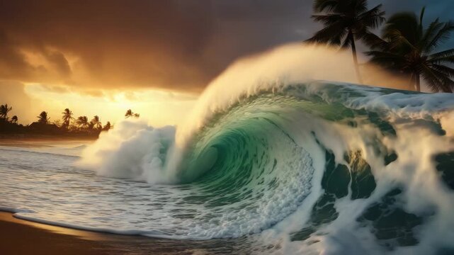 Powerful Ocean Wave Crashing on Tropical Beach at Sunset