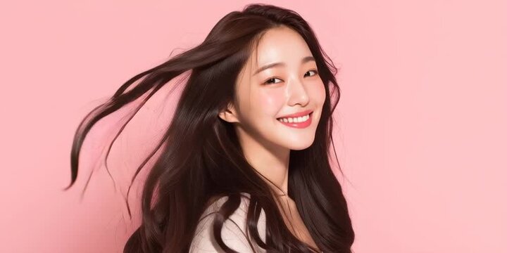 social Smiling korean woman with long flowing hair