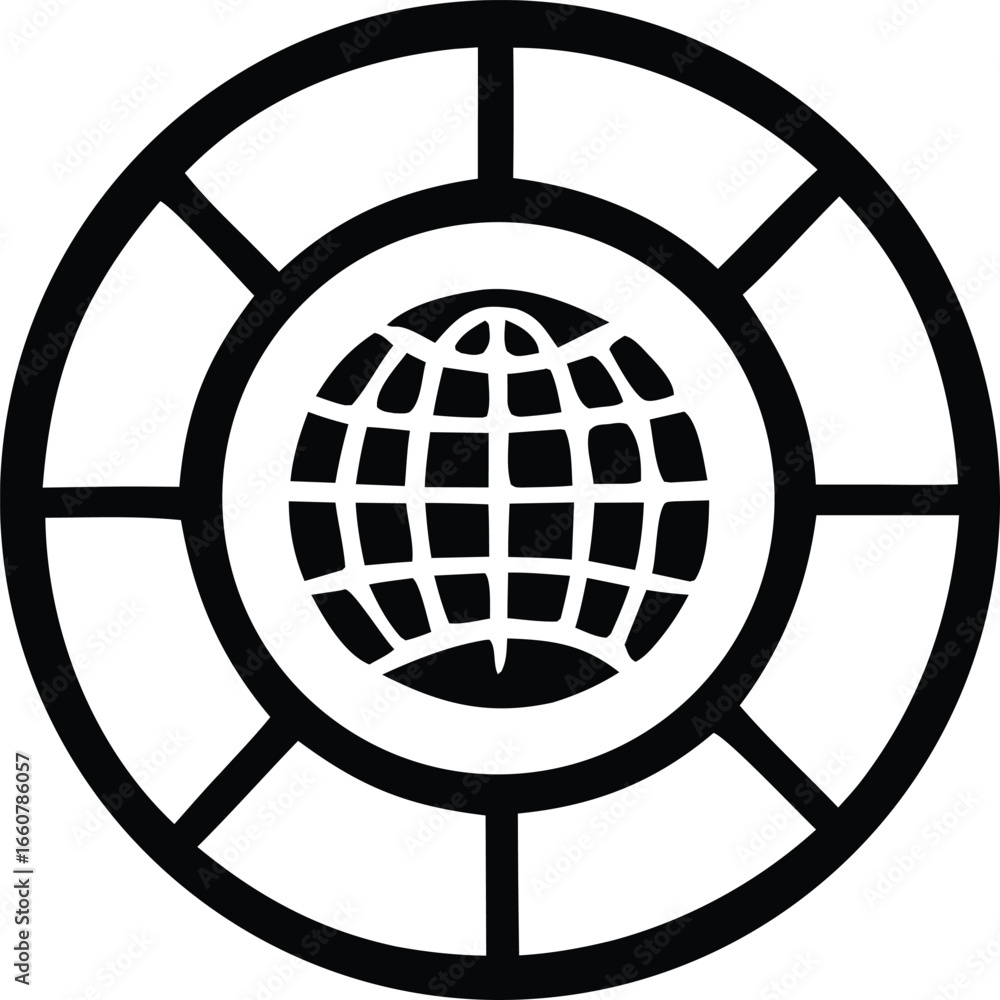 Poster global network symbol with circular structure and grid earth element iconic representation for conne